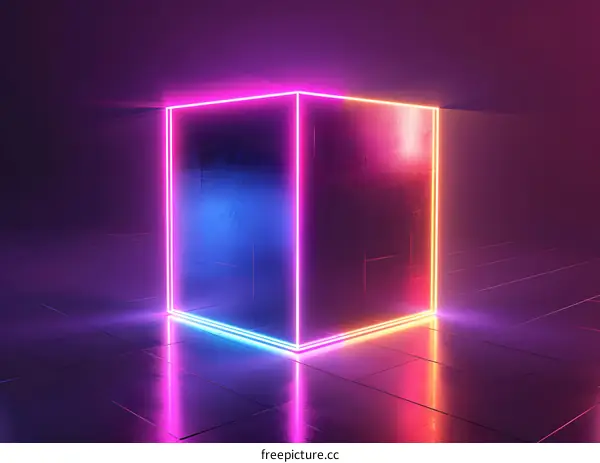 Pink and blue neon cube on reflective surface