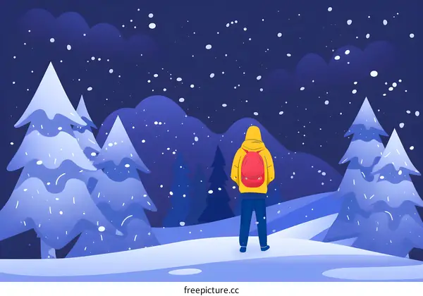 Man Standing in Snowy Forest at Night
