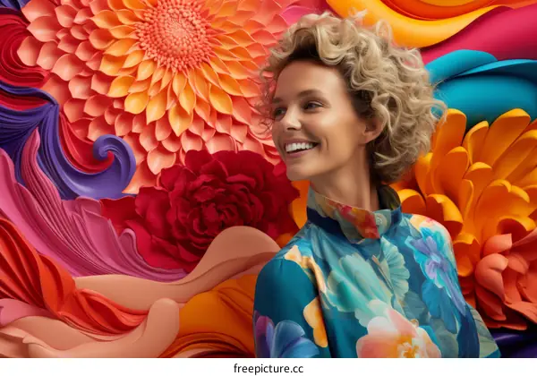 Smiling Blonde Woman with Blue Eyes in a Colorful Floral Setting