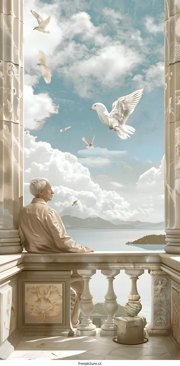 Man Sitting on a Balcony Looking at Birds in the Sky
