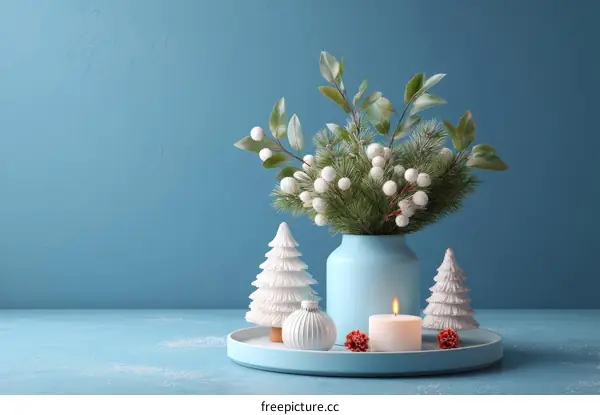 Winter Festive Decor Arrangement on a Light Blue Tray
