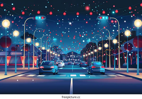 Snowy Night City Street with Christmas Lights