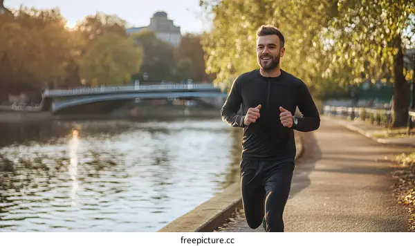 Man Running Near River and Bridge in City Park