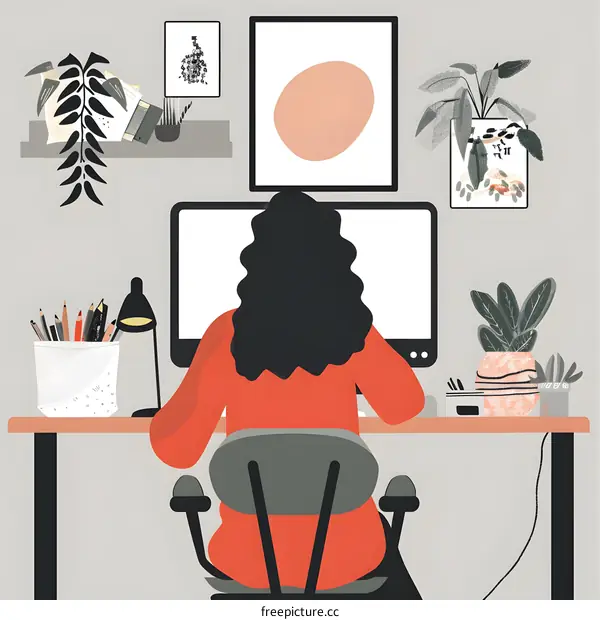 Woman Sitting at Desk in Home Office Working on Computer