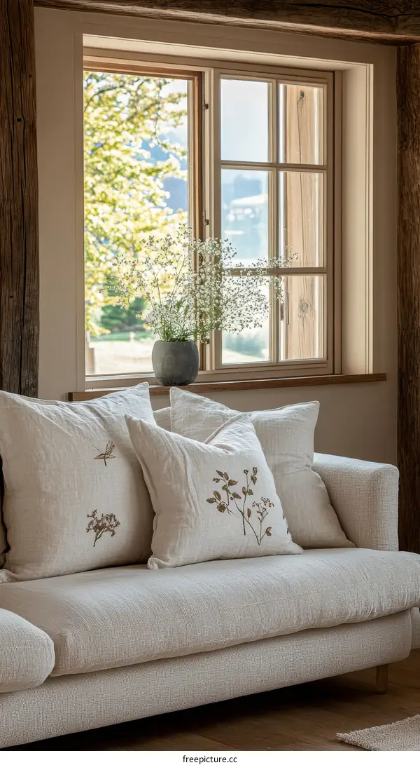 Cozy Living Room with Natural Light and Floral Cushions