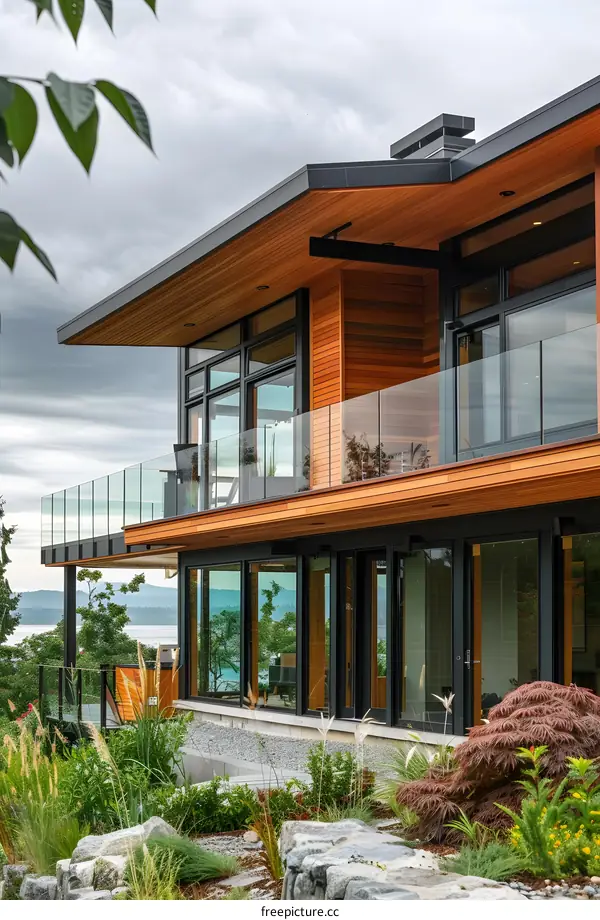Modern Wooden House with Large Windows and Glass Railing