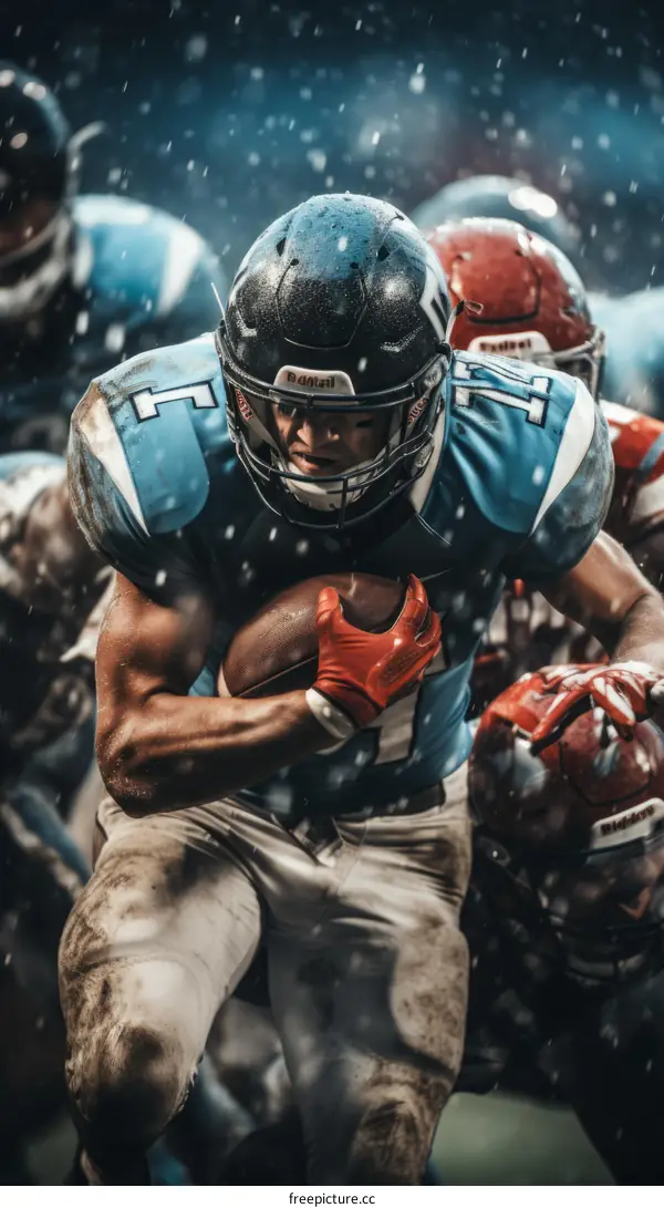 American Football Player Running with Ball in Snow