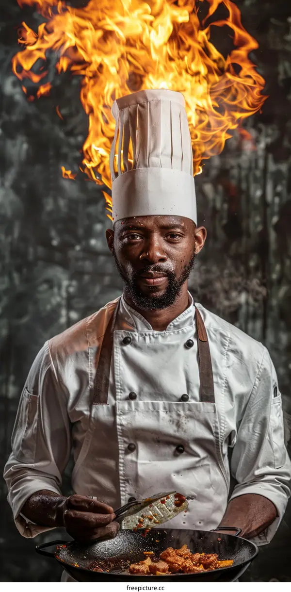 Black male chef with flames coming out of his chef hat
