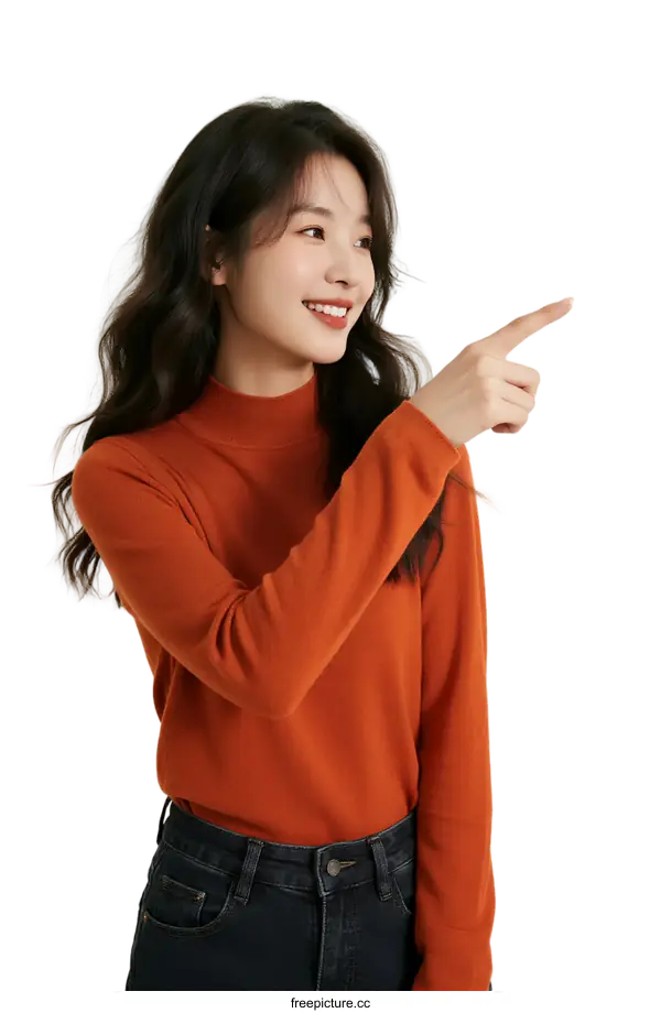 [Transparent Background PNG]Young woman in orange top pointing with a smile