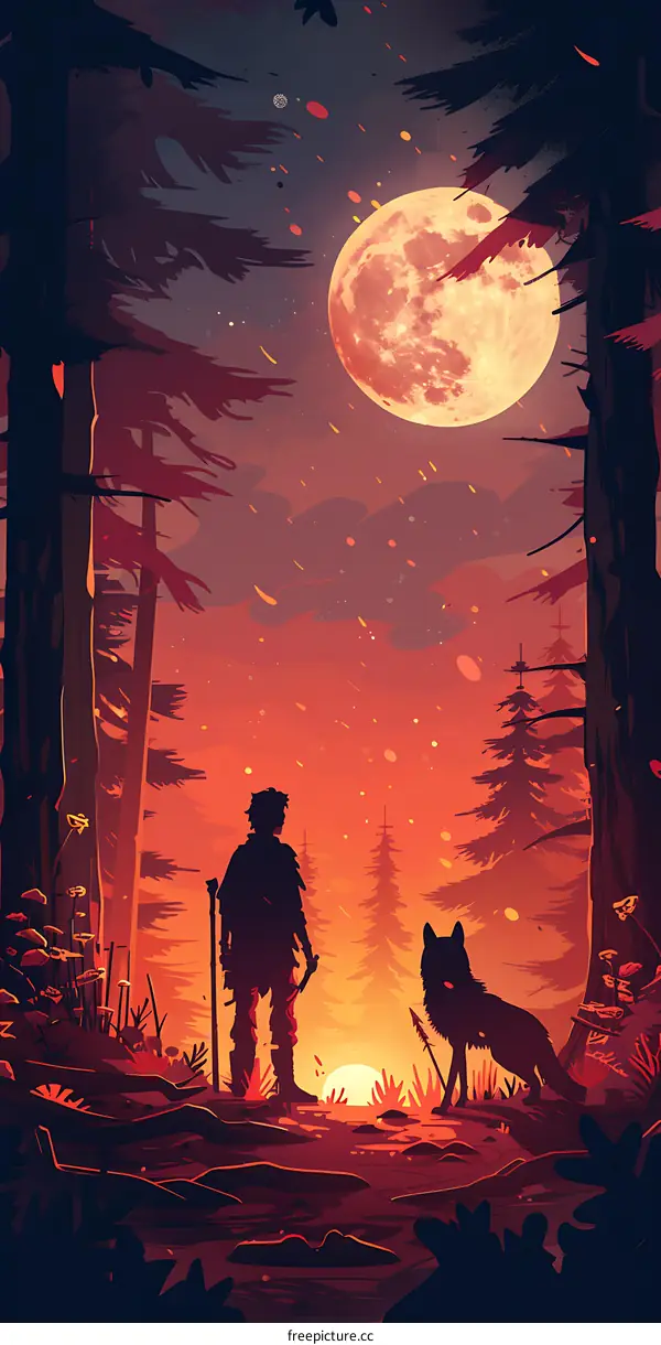 Silhouettes of Man and Wolf Under the Moon