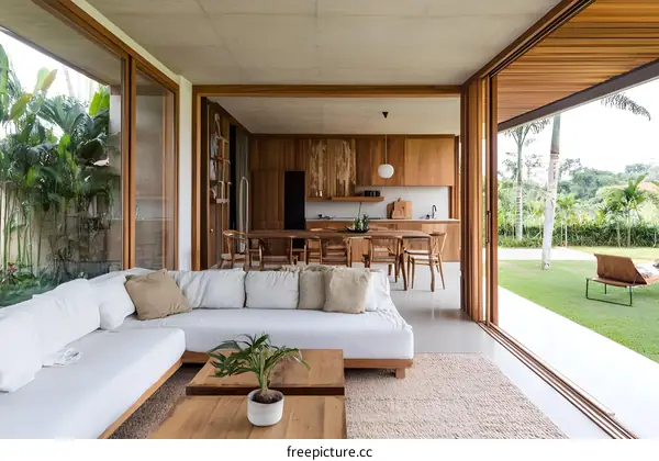 Modern Minimalist Living Room With Sliding Doors And A View Of The Garden