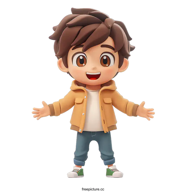 [Transparent Background PNG]Smiling Cartoon Boy in Brown Jacket and Blue Jeans