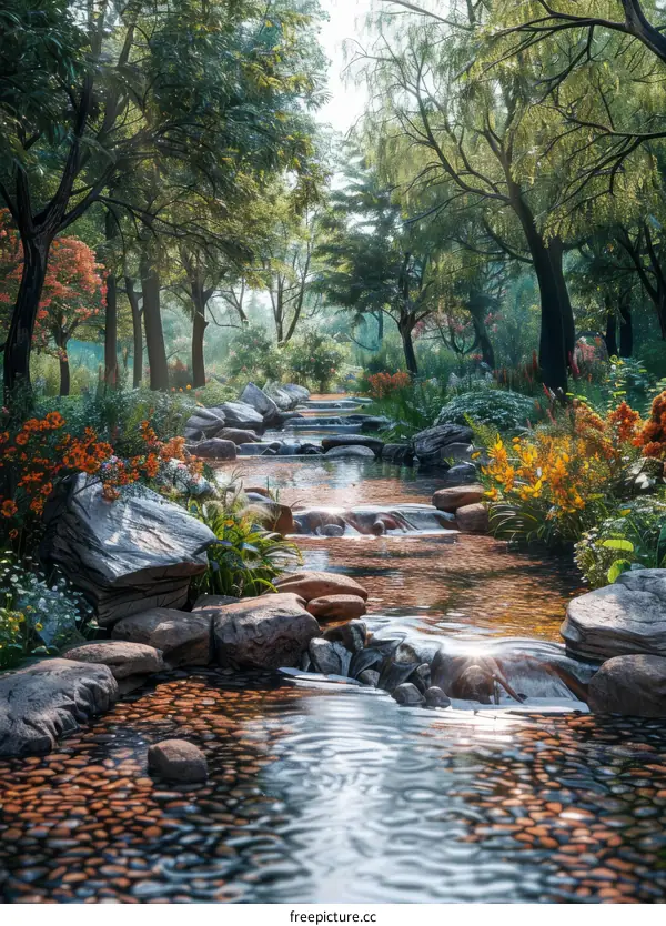 Landscapes of River Stream and Lush Park