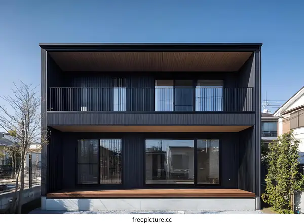 Modern Black Two Story House with Balcony and Wooden Deck