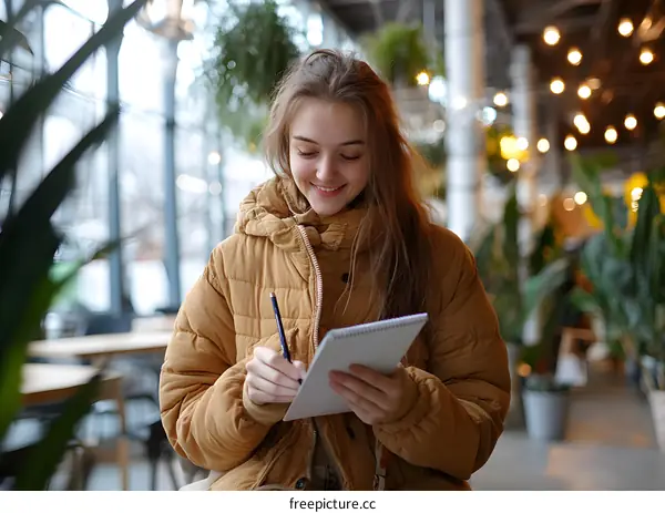 Smiling Woman Writing in Notebook in Cafe