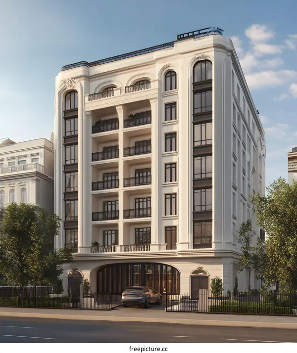 Luxury Apartment Building With Balconies and Arched Entrance