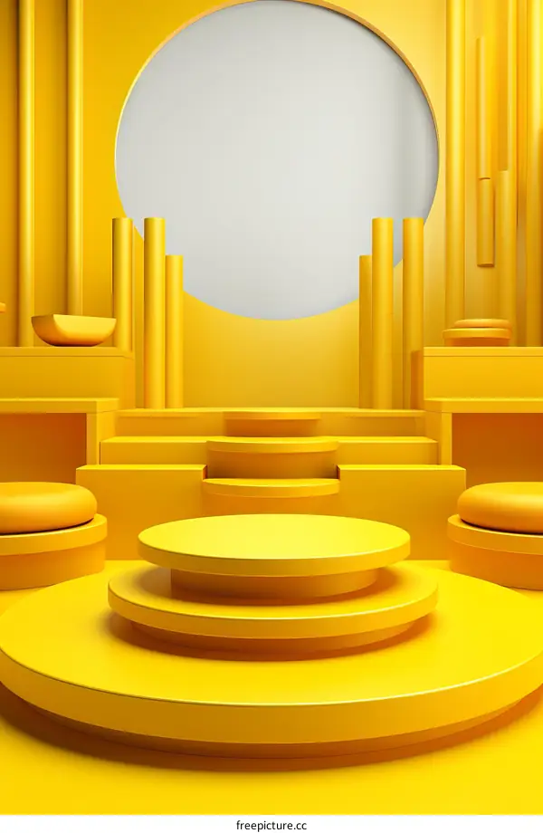 3D yellow podium with empty circle frame and minimal geometric shapes