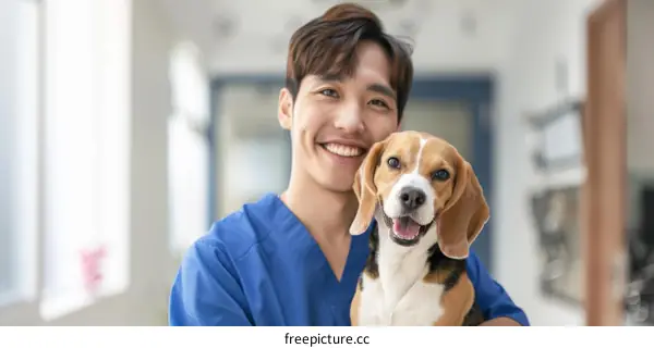Asian veterinarian smiling with a beagle