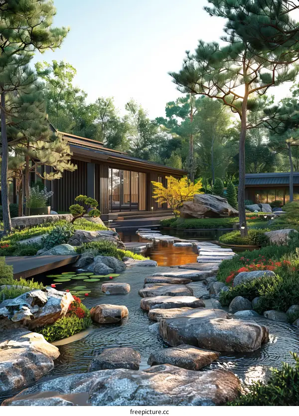 Japanese Zen garden with a pond, trees, and a house in the background