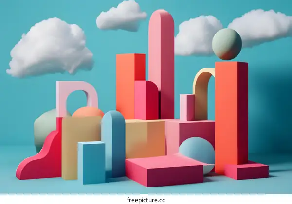 Abstract 3D Shapes and Clouds on Blue Background