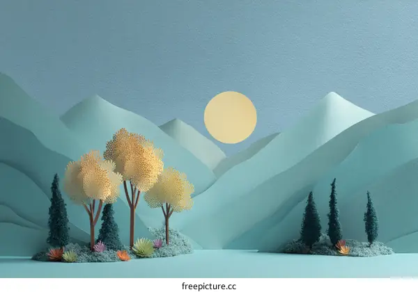 Paper Art Landscape with Autumn Trees and Mountains