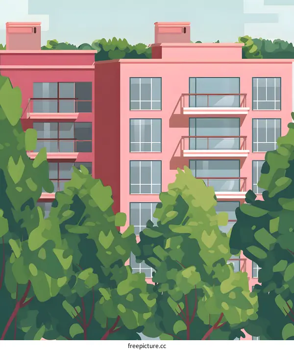 Pink Building With Green Trees Illustration