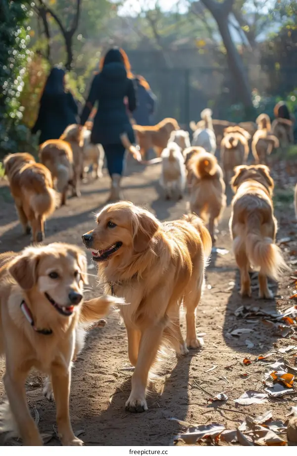 A pack of golden retrievers being walked in the park by their owners
