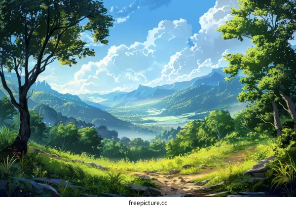 Fantasy Anime Landscape Valley Clouds Mountains