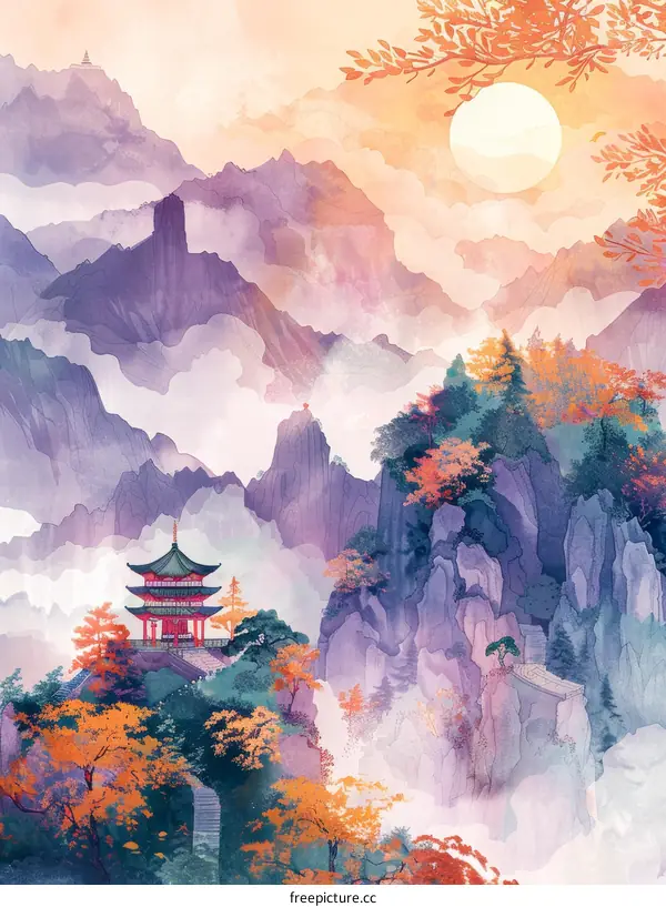 Misty Mountain Landscape with Pavilion