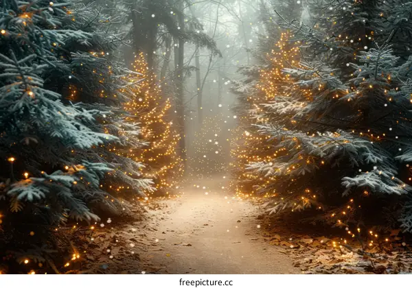 Snowy Forest Path with Christmas Lights
