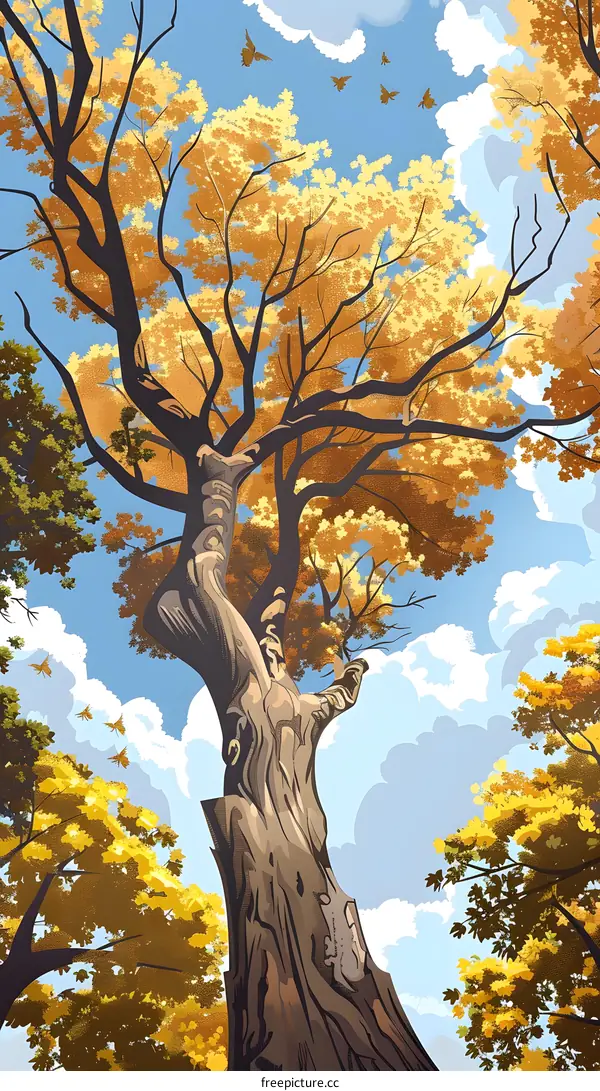 Autumn Tree with Golden Leaves and Birds Flying in the Blue Sky