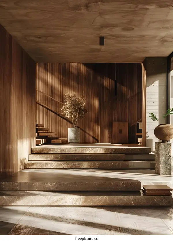 Modern Interior Design with Wooden Walls and Stone Steps