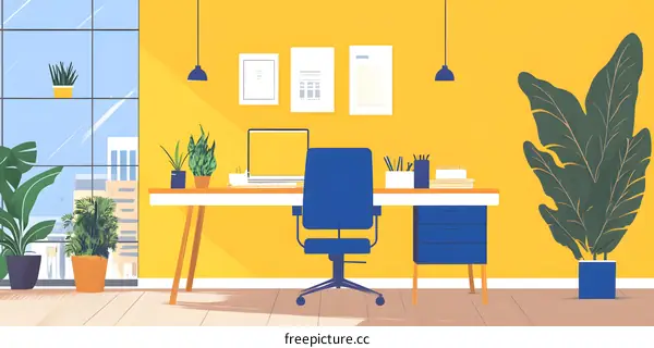 Modern Office Interior Design Illustration with Yellow Walls and Plants