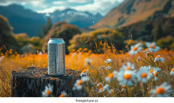 A can of beer sits on a tree stump in a field of flowers with a mountain in the distance