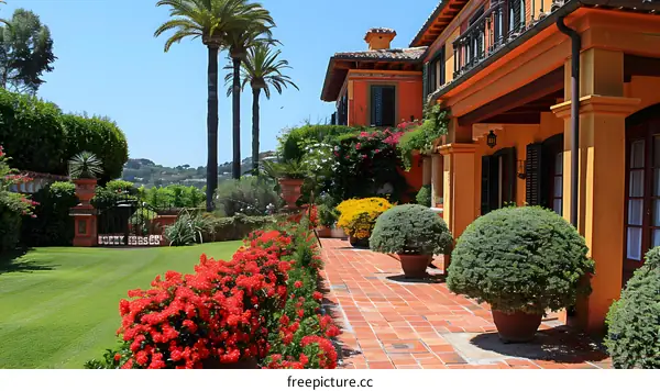 A beautiful Mediterranean villa with a lush garden