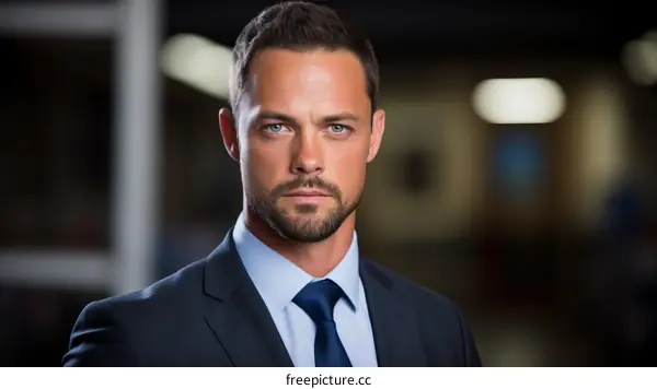 A man in a suit and tie with short dark hair and blue eyes