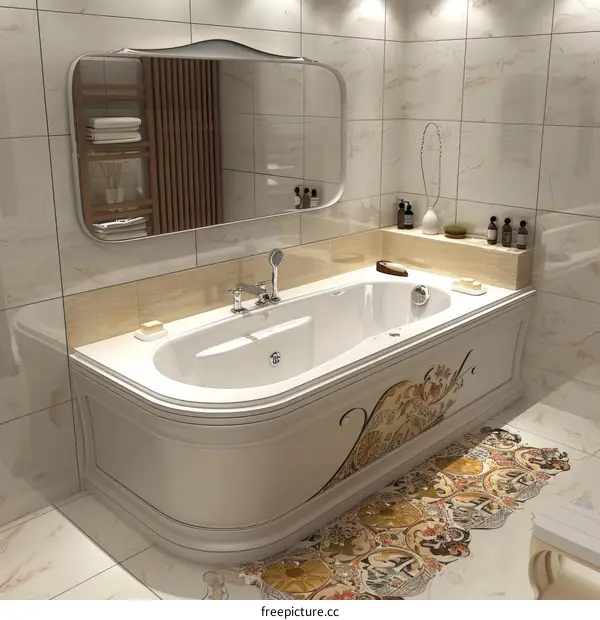 Luxury bathroom interior with bathtub and marble tiles