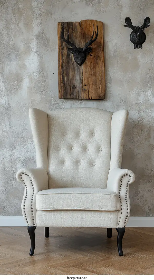 Vintage Cream Upholstered Wingback Chair in a Rustic Living Room