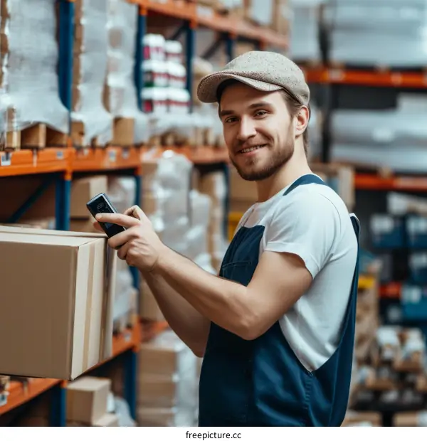 Warehouse Worker Scanning Package with Barcode Scanner