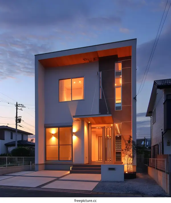 Modern Two Story House with Wooden Accents at Twilight