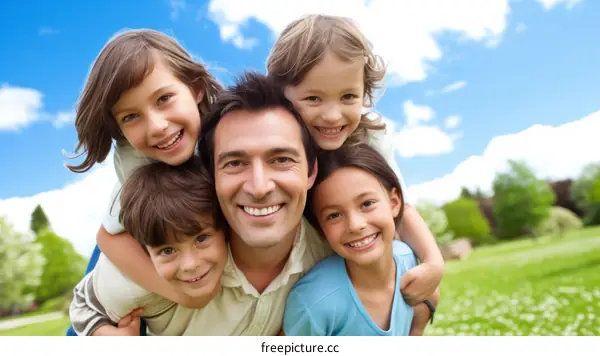 Happy family of five in the park