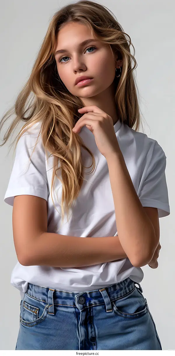 Portrait of a Young Woman with Blonde Hair Wearing a White T-shirt and Blue Jeans