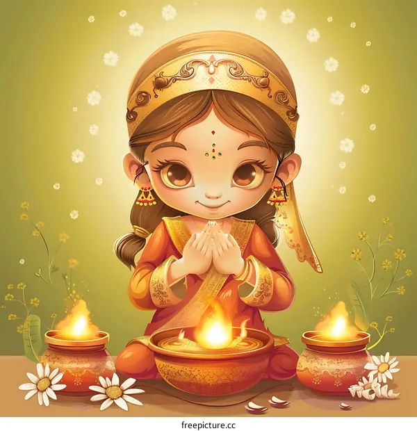 Beautiful Indian Girl Holding Diyas In Hands Illustration