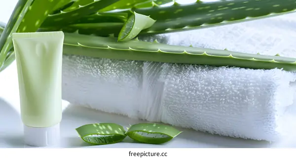 Aloe Vera Gel Tube with Green Leaves and White Towel