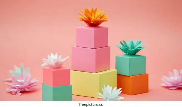 Paper Flowers on Colorful Cubes on Pink Background