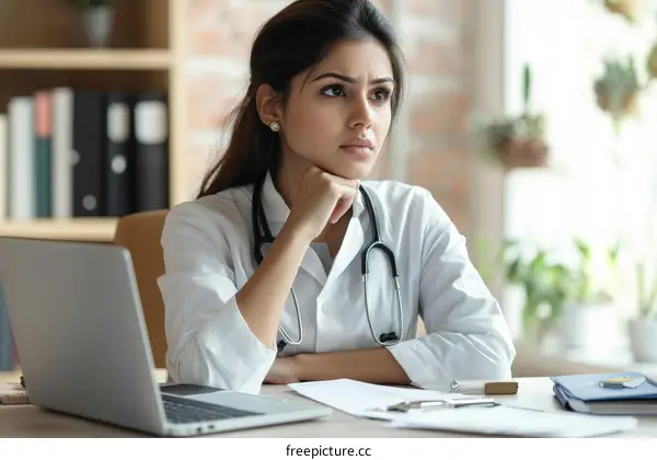 Concentrated Female Doctor in Medical Office
