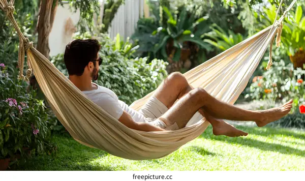 Man Relaxing in a Hammock in a Lush Garden