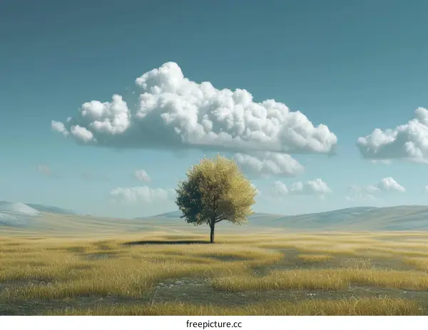 Lonely Tree in a Vast Meadow Under a Cloudy Sky