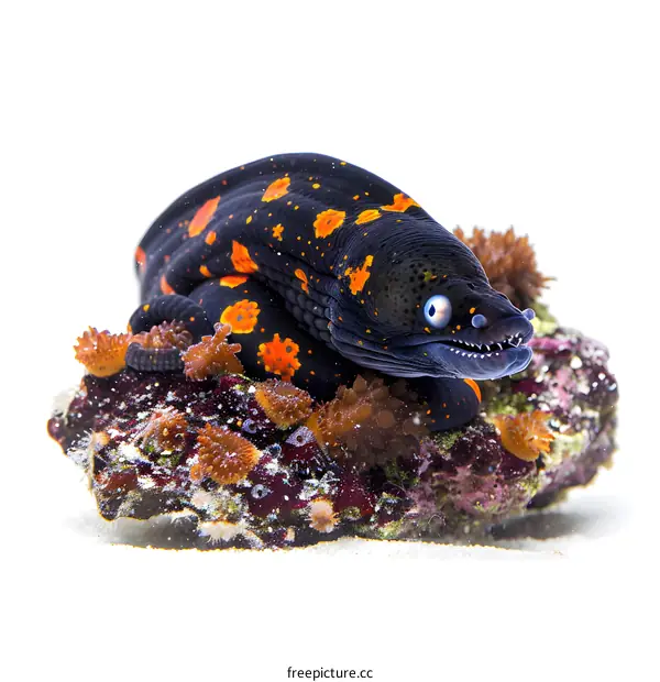 Black and orange spotted moray eel on rock