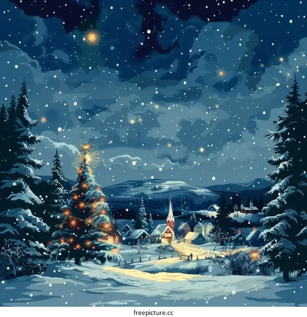 Snowy village at night with decorated Christmas tree and illuminated houses